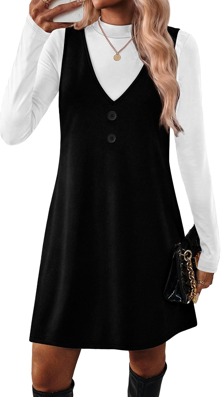 OFEEFAN Fall Dresses for Women 2 Piece Sets Long Sleeve Overall Dress with Pockets Abvoe Knee Fashion Winter Clothing