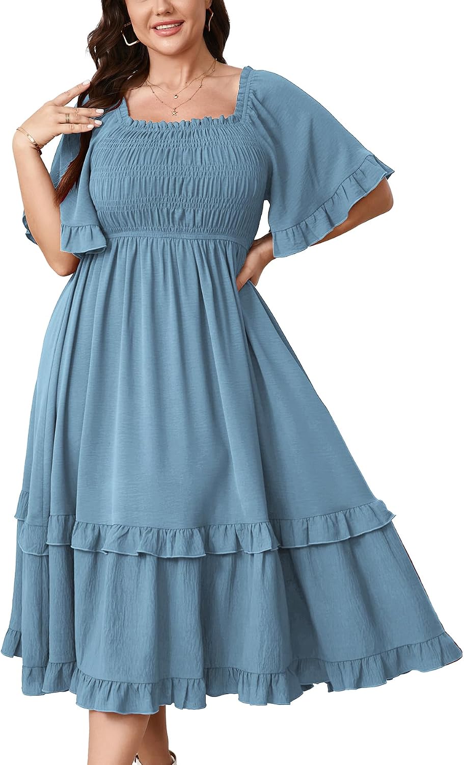 SCOMCHIC Women's Plus Size Maxi Summer Wedding Guest Cocktail Boho Dresses | Short Sleeve, Square Neck Smocked, A line, Fall, Elegant Flowy Long Dress