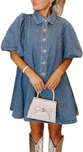 LifeShe Women's Blue Denim Babydoll Mini Dress with Puff Sleeves, Lapel Collar & Diamond Bow Decor