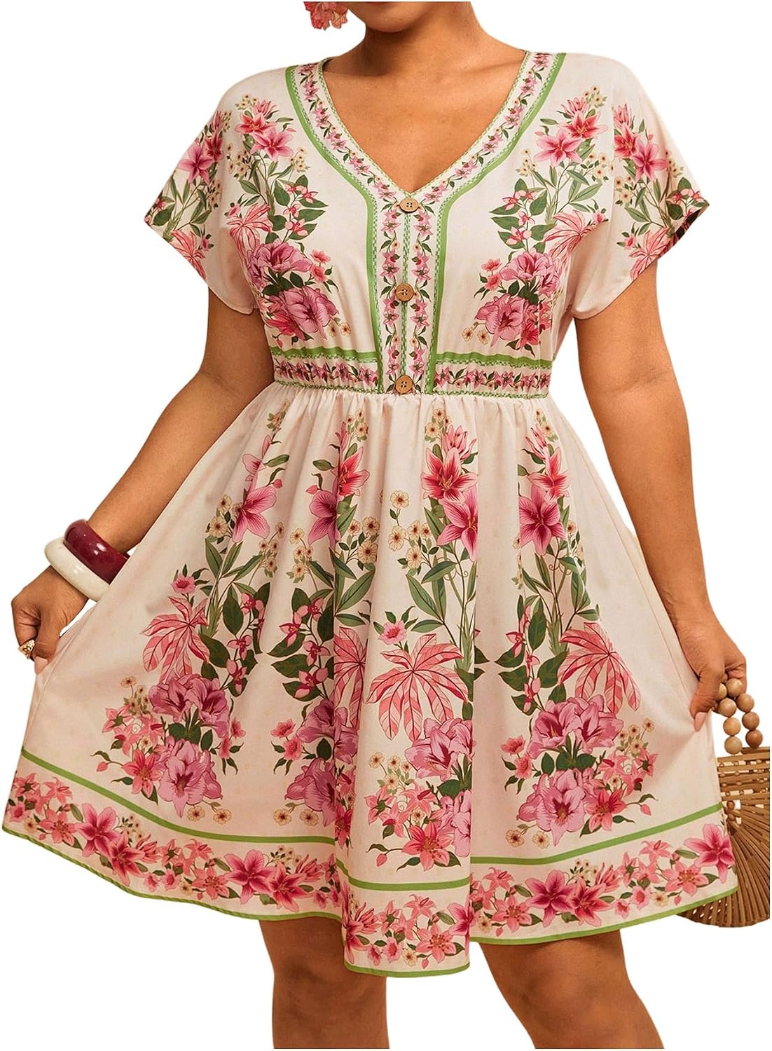 Floerns Women's Plus Size V Neck Short Sleeve Ruffle Hem A Line Short Dress | Surplice Ruffle Hem, A Line, V Neck, Short Sleeve, Boho Hawaiian Short Dress