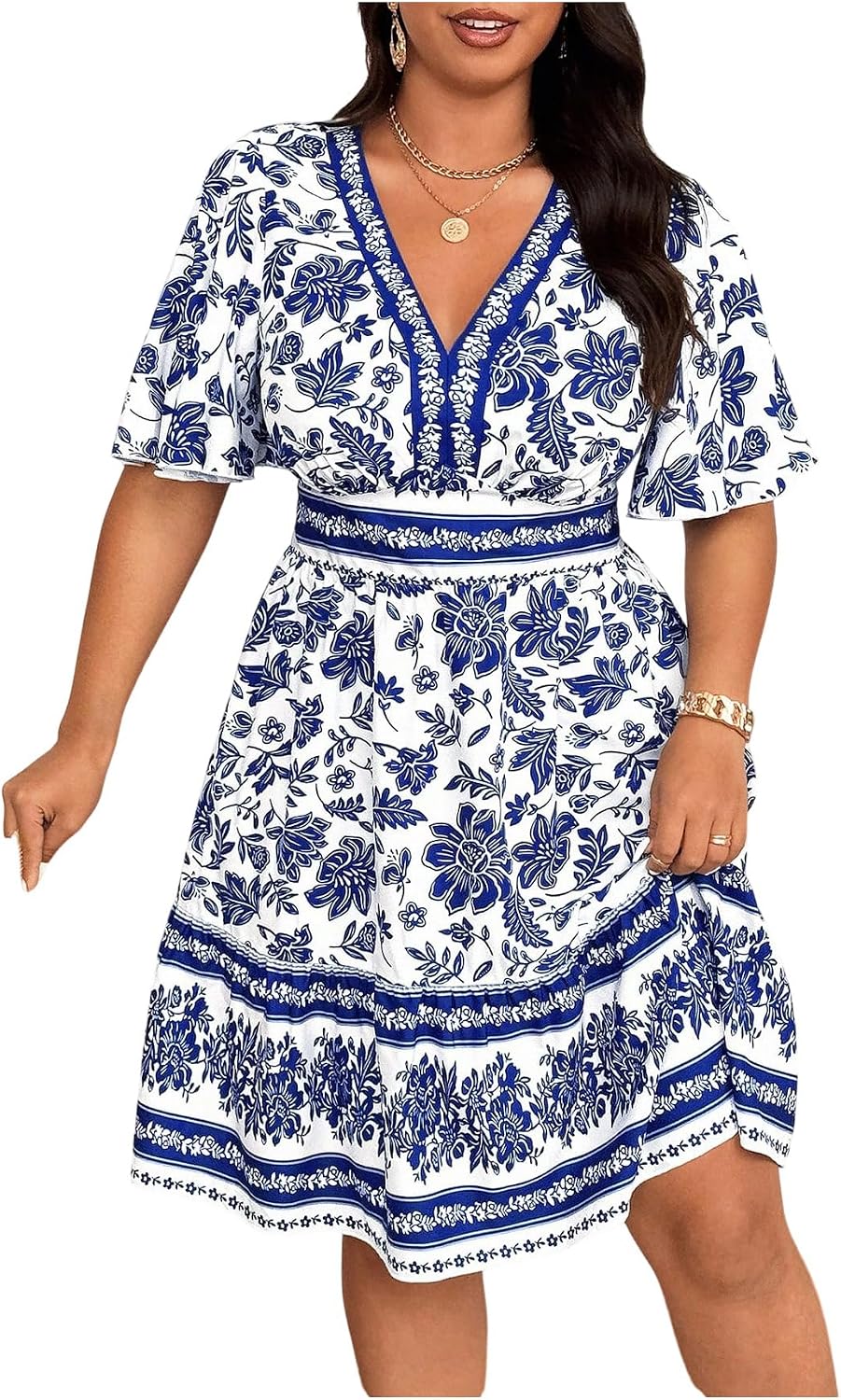 Floerns Women's Plus Size V Neck Short Sleeve Ruffle Hem A Line Short Dress | Surplice Ruffle Hem, A Line, V Neck, Short Sleeve, Boho Hawaiian Short Dress