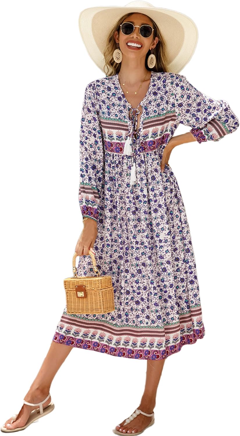 R.Vivimos Women's Long Sleeve Casual Boho Floral Midi Dresses | Retro V Neck, Tassel Tie, Beach Vacation Outfits, Resort Wear