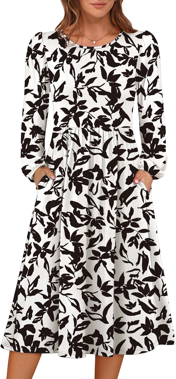 ANRABESS Women Long Sleeve Casual Fall Midi Dress Lightweight with Pockets | Crewneck Flowy A-Line Long Dresses, Comfy Soft, Church Floral Vacation Outfits, Fashion Transition, Winter Layering Clothes