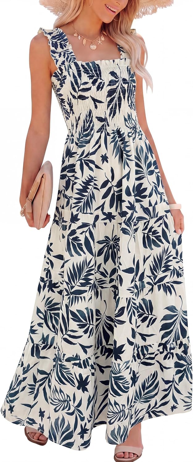Caracilia Womens Summer Maxi Dresses Floral Smocked Boho Sundress | Sleeveless Ruffle Straps, Square Neck, Tiered Aline Flowy Casual Long Dress, Beach Vacation Outfits