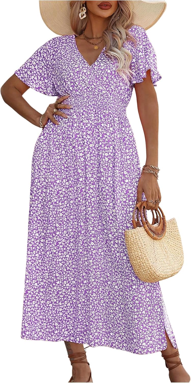 Floerns Women's Plus Size Hawaiian Tropical V Neck Long Dress | V Neck,Boho Hawaiian Tropical,All Over Print,Short Sleeve,Vacation Outfits