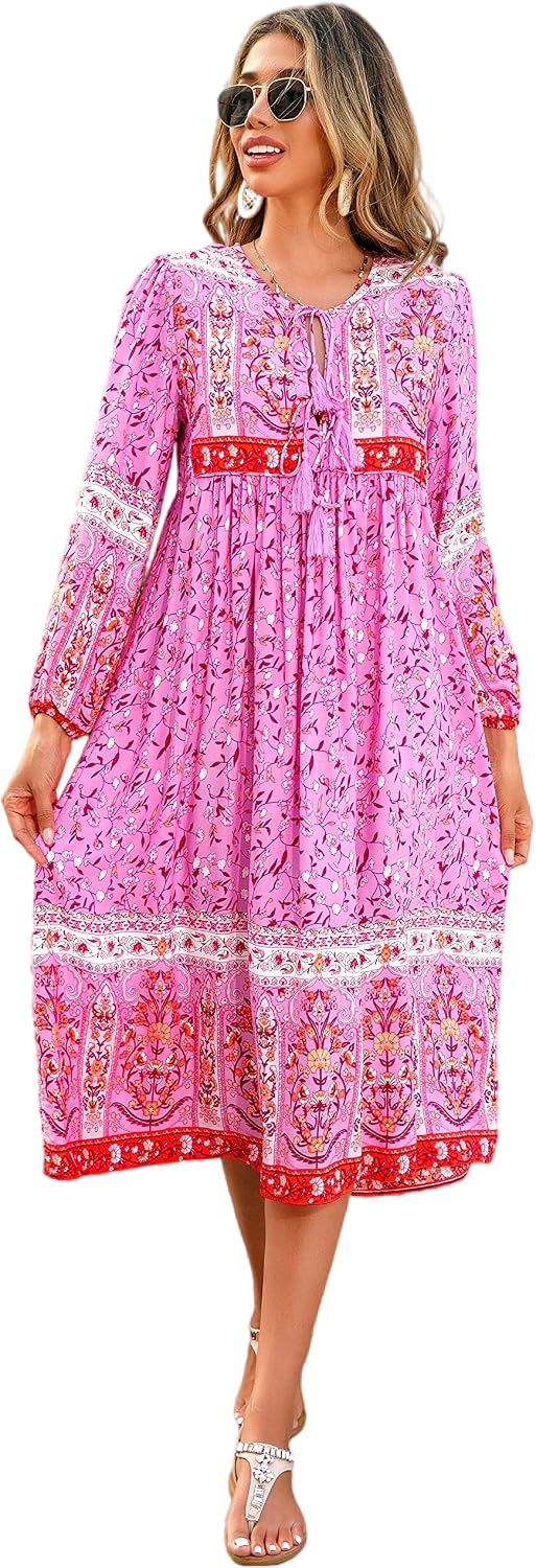 R.Vivimos Women's Long Sleeve Casual Boho Floral Midi Dresses | Retro V Neck, Tassel Tie, Beach Vacation Outfits, Resort Wear