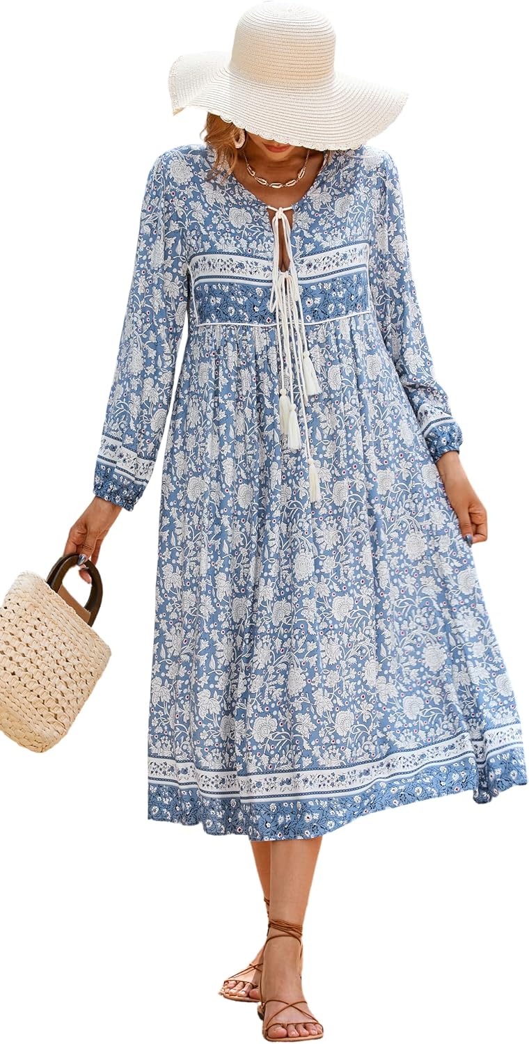 R.Vivimos Women's Long Sleeve Casual Boho Floral Midi Dresses | Retro V Neck, Tassel Tie, Beach Vacation Outfits, Resort Wear