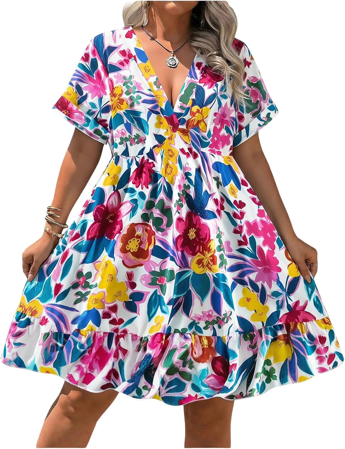 Floerns Women's Plus Size V Neck Short Sleeve Ruffle Hem A Line Short Dress | Surplice Ruffle Hem, A Line, V Neck, Short Sleeve, Boho Hawaiian Short Dress