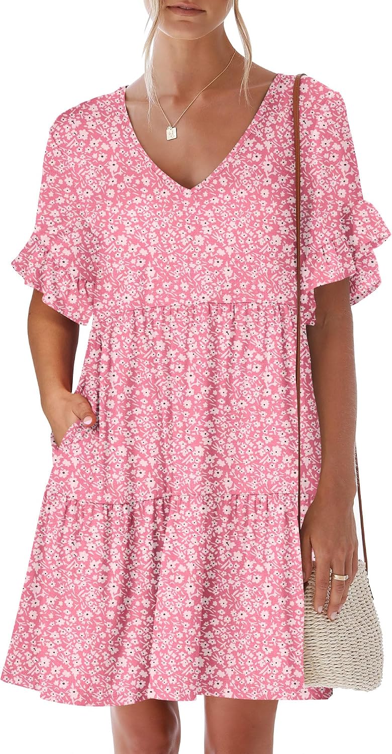 ANRABESS Dresses for Women Summer 2026 V Neck Ruffle Sleeve A Line Tiered Flowy Casual Trendy Mini Beach Dress with Pockets