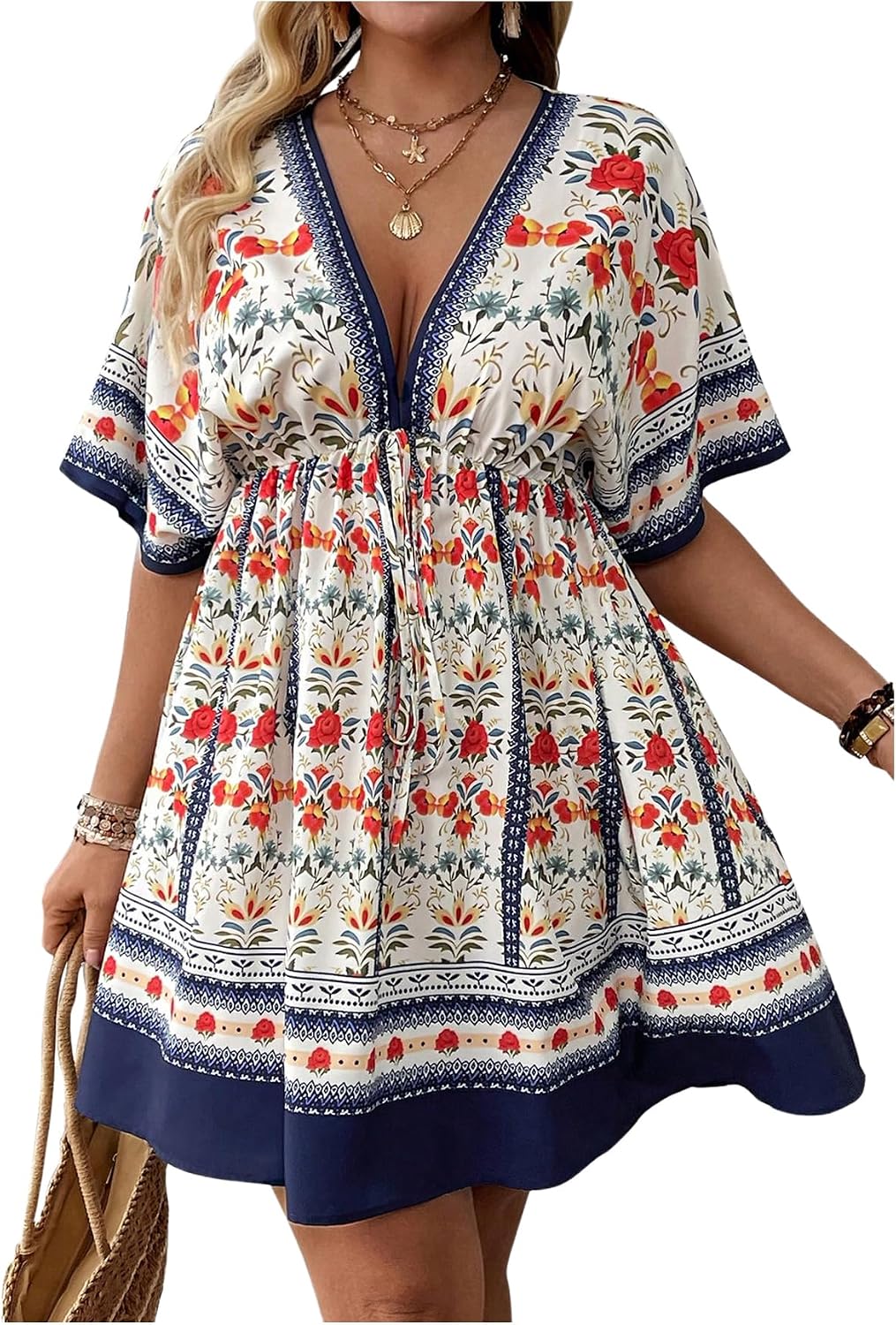 Floerns Women's Plus Size V Neck Short Sleeve Ruffle Hem A Line Short Dress | Surplice Ruffle Hem, A Line, V Neck, Short Sleeve, Boho Hawaiian Short Dress