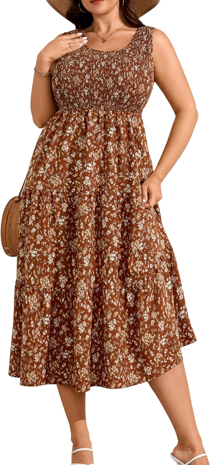 RWJ Plus Size Summer Sleeveless Tank Dress for Women Smocked Midi Sundress | Casual Loose Fit, Tiered Long Dresses, Beach Vacation, Holiday, Wedding Guest, Cocktail Party, Resort, Music Festival, Date