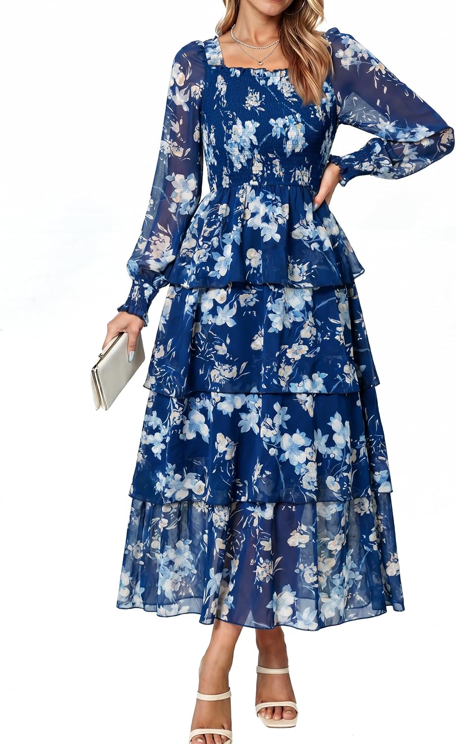 Simplee Womens Square Neck Long Sleeve Maxi Floral Fall Wedding Guest Dress | Flowy Tiered, Smocked, Bohemian, Western, Semi Formal, Spring Fall, Garden Party, Bridesmaid, Bridal Shower Dress