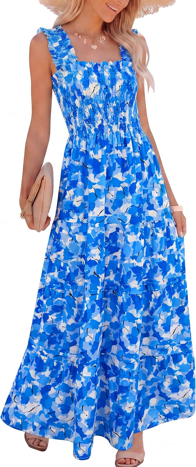 Caracilia Womens Summer Maxi Dresses Floral Smocked Boho Sundress | Sleeveless Ruffle Straps, Square Neck, Tiered Aline Flowy Casual Long Dress, Beach Vacation Outfits