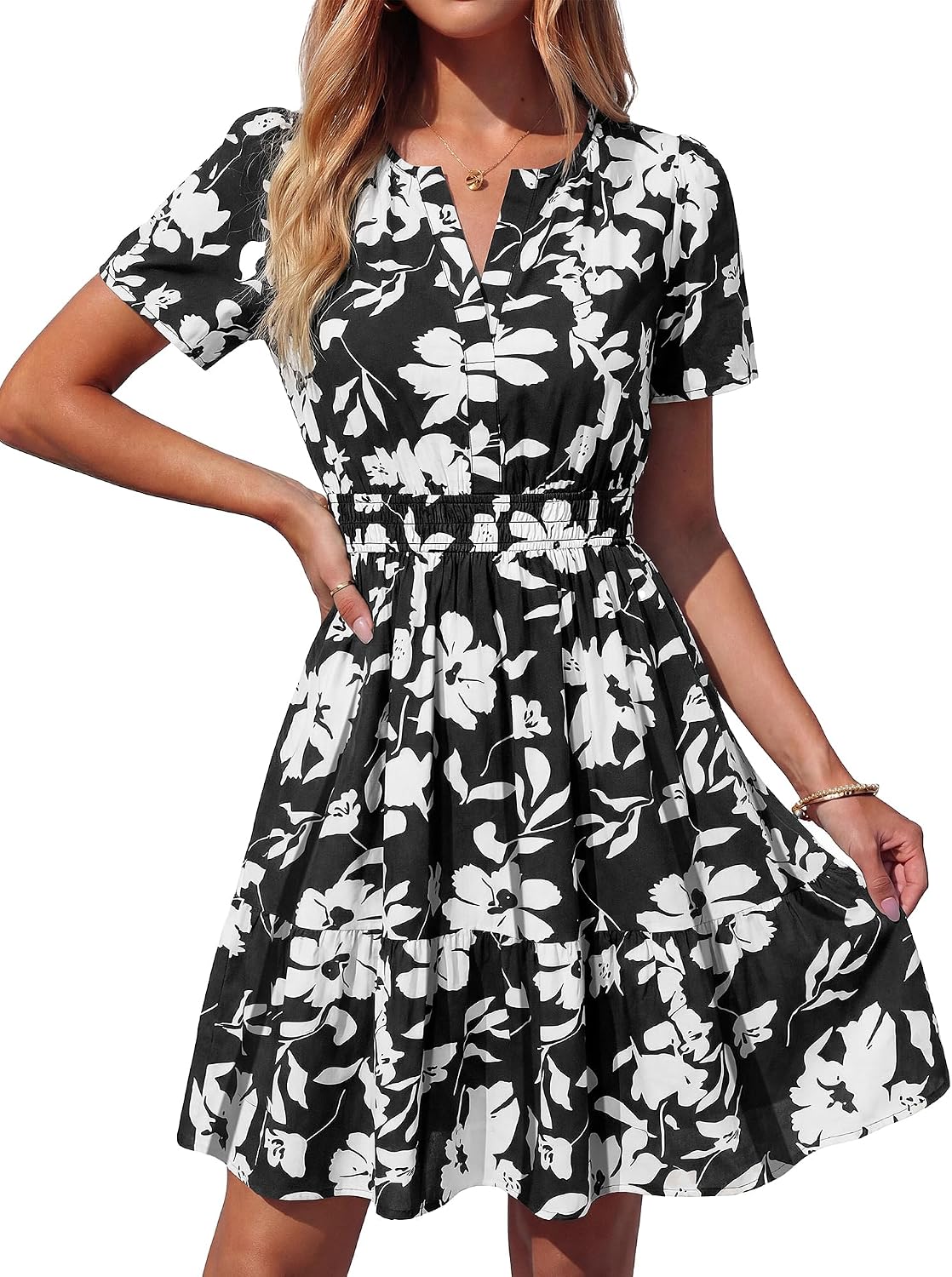 BTFBM Summer Dresses for Women 2026 Casual Short Sleeve Floral Mini Dress | V Neck Empire Waist A Line Sundress, Lightweight Dress, Party Holiday Wedding Guest Dress, Date Travel Beach Vacation Outfits