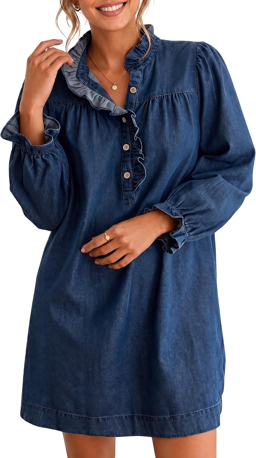 Flowyair Womens Long Sleeve Denim Dress Half Button Ruffle Mini Dresses | Button Down Jean Dress,Babydoll Short Dress,High Waisted Tunnic,Trendy Casual,Vintage,Daily Wear