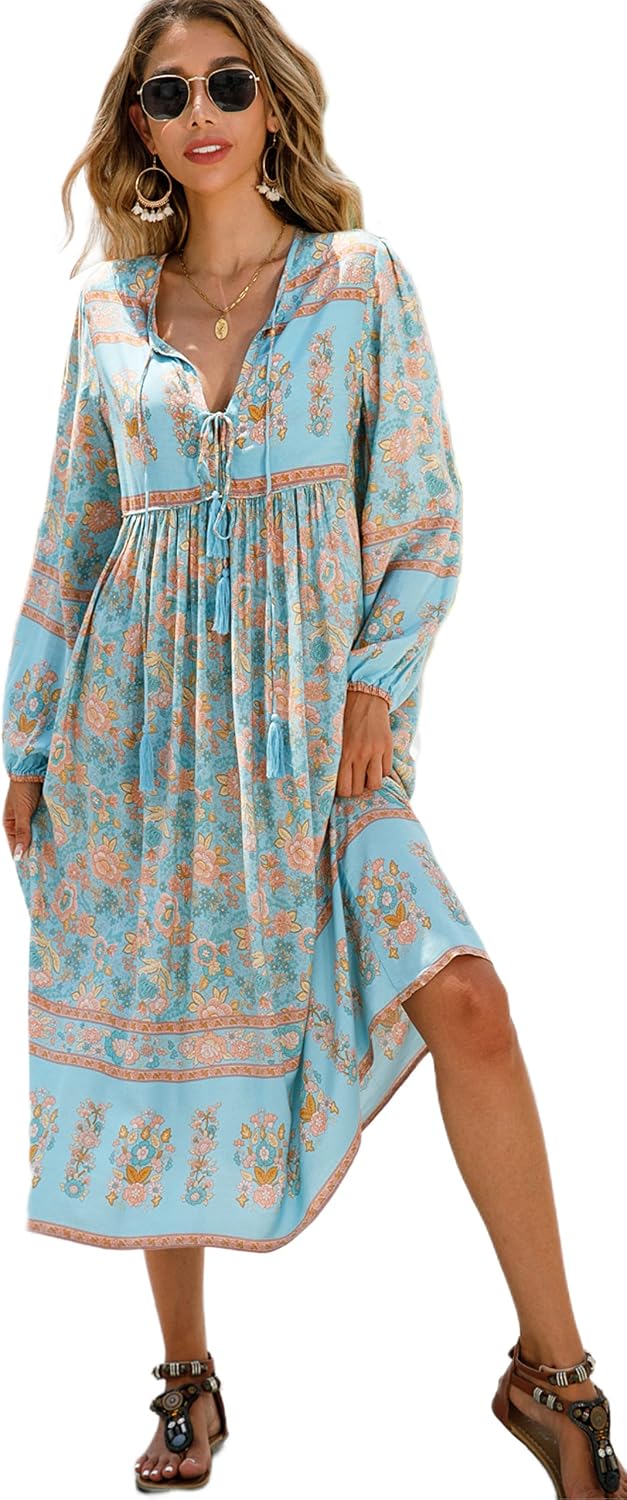 R.Vivimos Women's Long Sleeve Casual Boho Floral Midi Dresses | Retro V Neck, Tassel Tie, Beach Vacation Outfits, Resort Wear