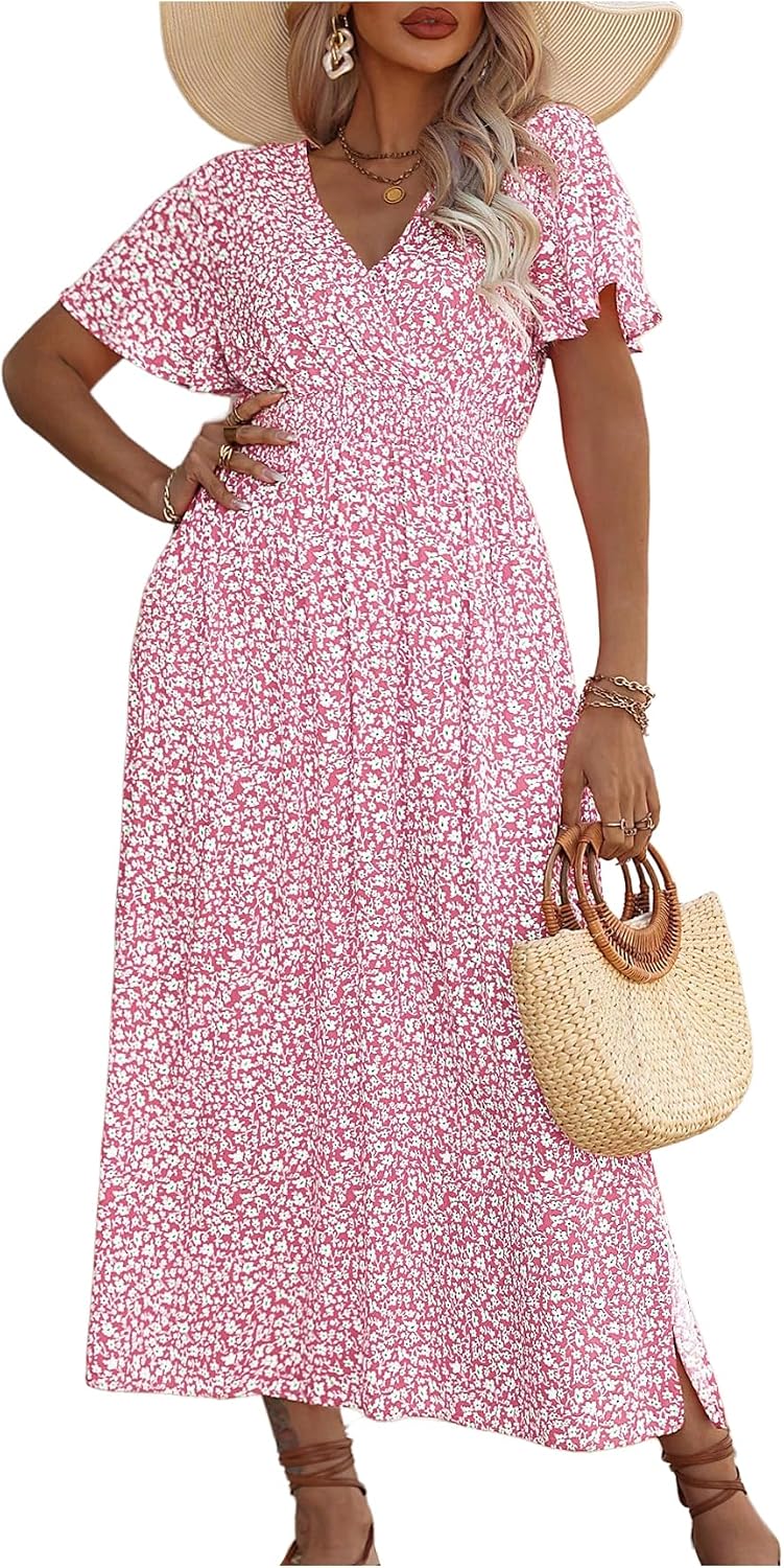 Floerns Women's Plus Size Hawaiian Tropical V Neck Long Dress | V Neck,Boho Hawaiian Tropical,All Over Print,Short Sleeve,Vacation Outfits