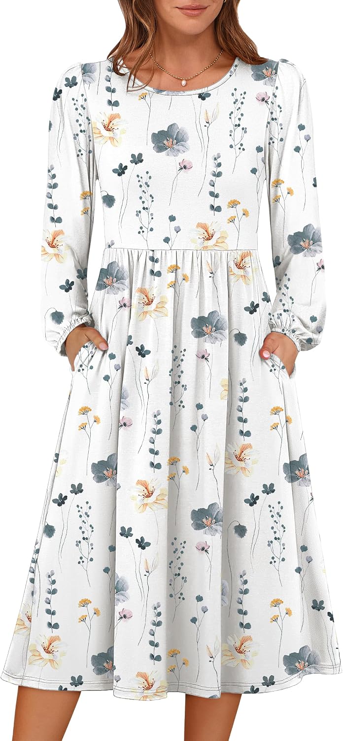 ANRABESS Women Long Sleeve Casual Fall Midi Dress Lightweight with Pockets | Crewneck Flowy A-Line Long Dresses, Comfy Soft, Church Floral Vacation Outfits, Fashion Transition, Winter Layering Clothes