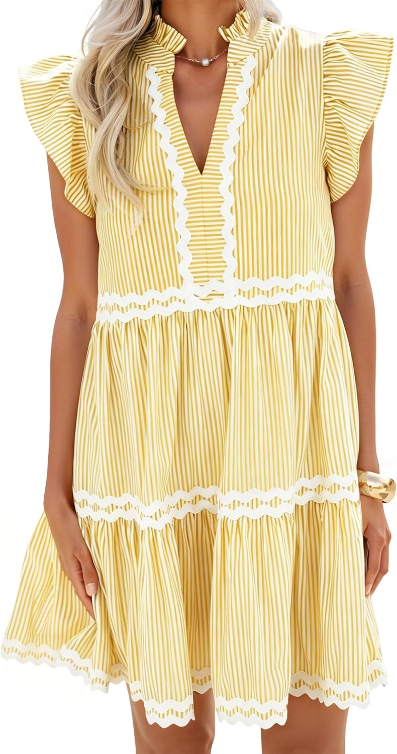 ZESICA Women's Summer Casual Striped Mini Dress Beach Dresses | Flutter Short Sleeve Dress,Elegant Flutter Sleeves Vneck Dresses,Ruffle A Line Clothes,Striped Short Dress,Cocktail Party