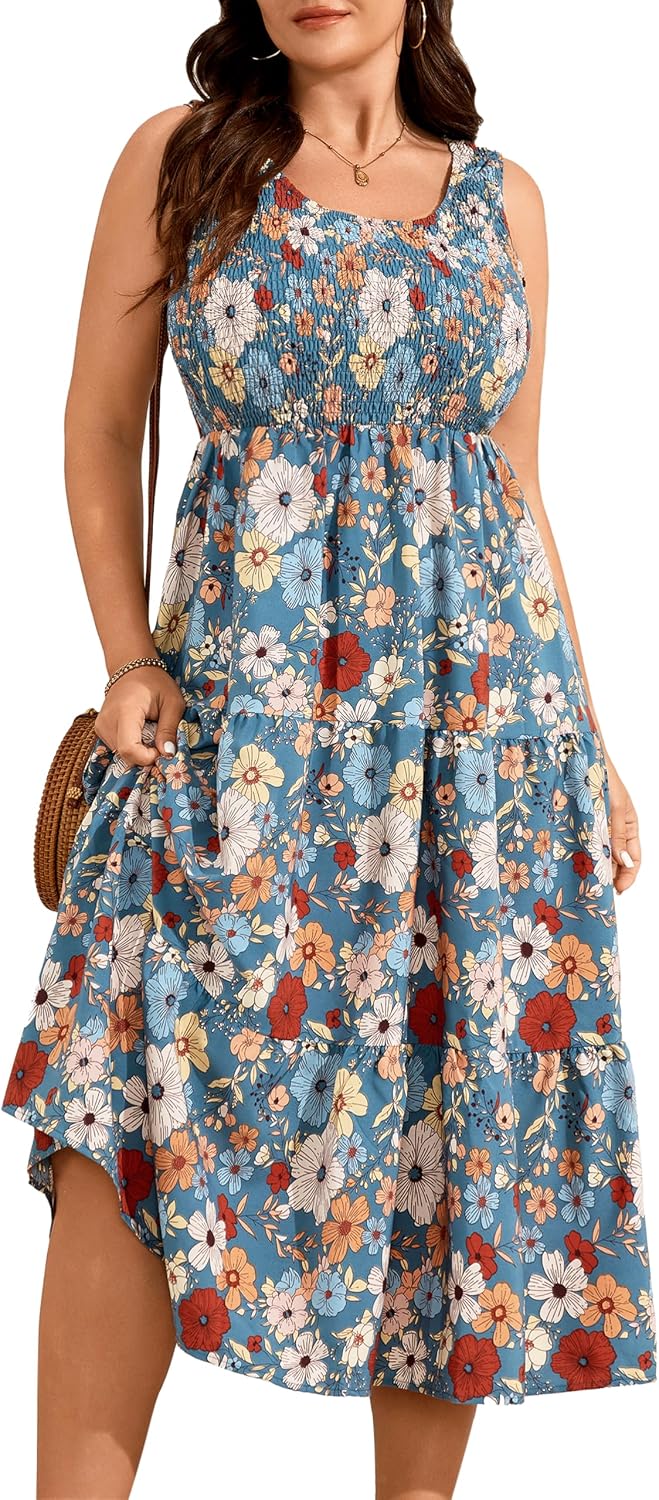RWJ Plus Size Summer Sleeveless Tank Dress for Women Smocked Midi Sundress | Casual Loose Fit, Tiered Long Dresses, Beach Vacation, Holiday, Wedding Guest, Cocktail Party, Resort, Music Festival, Date