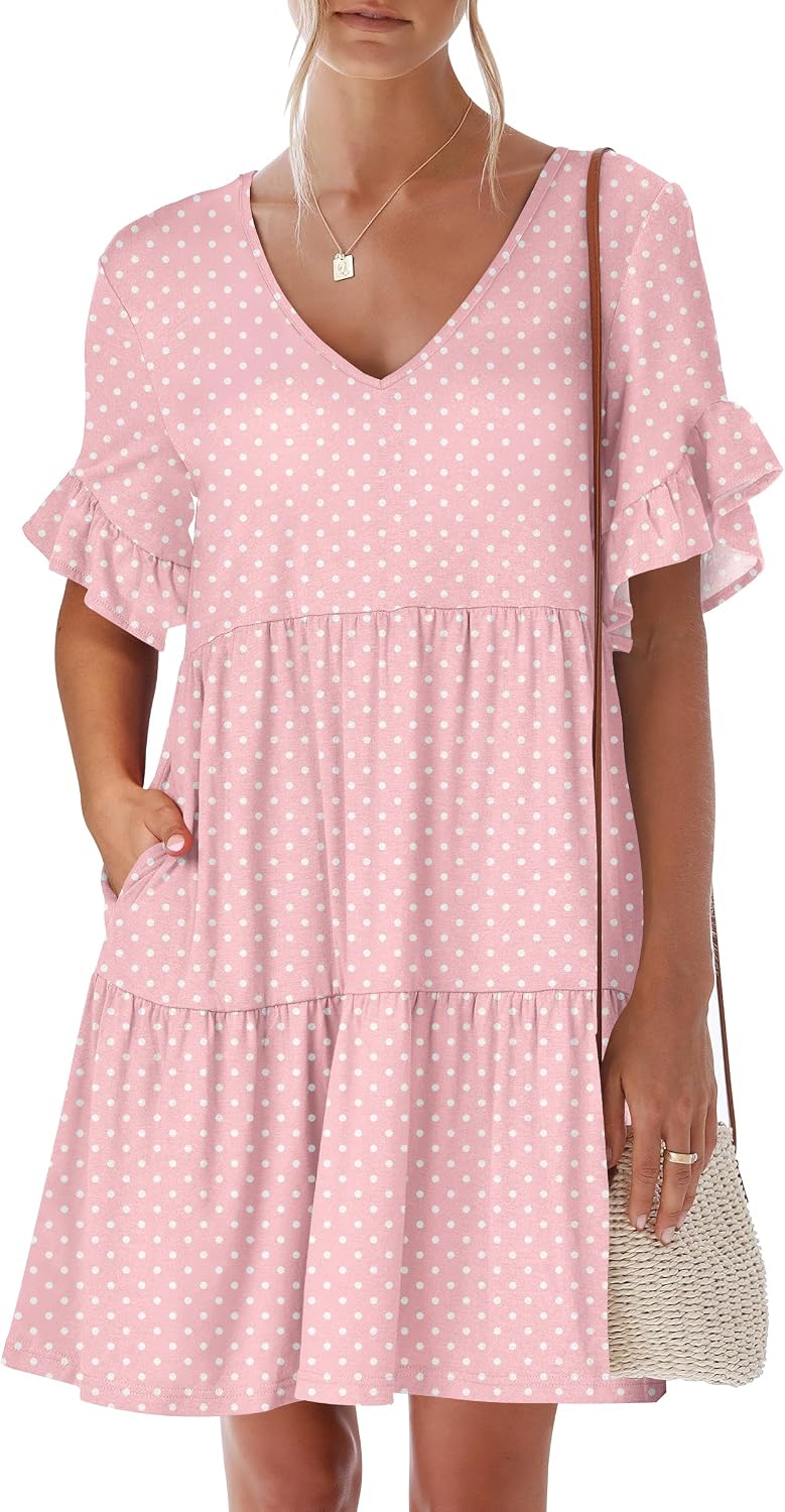 ANRABESS Dresses for Women Summer 2026 V Neck Ruffle Sleeve A Line Tiered Flowy Casual Trendy Mini Beach Dress with Pockets