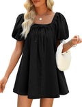 POLIRO Women Denim Dress Puff Short Sleeve Square Neck Jean Dress 2026 | Two Side Pockets, Babydoll Mini Dress, Stretchy Breathable Fabric, Casual Daily Outfits, Western Counrty Concert Outfits