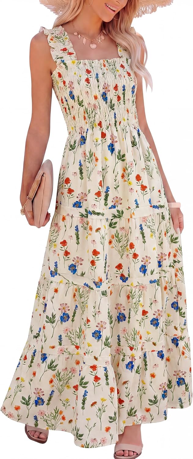 Caracilia Womens Summer Maxi Dresses Floral Smocked Boho Sundress | Sleeveless Ruffle Straps, Square Neck, Tiered Aline Flowy Casual Long Dress, Beach Vacation Outfits