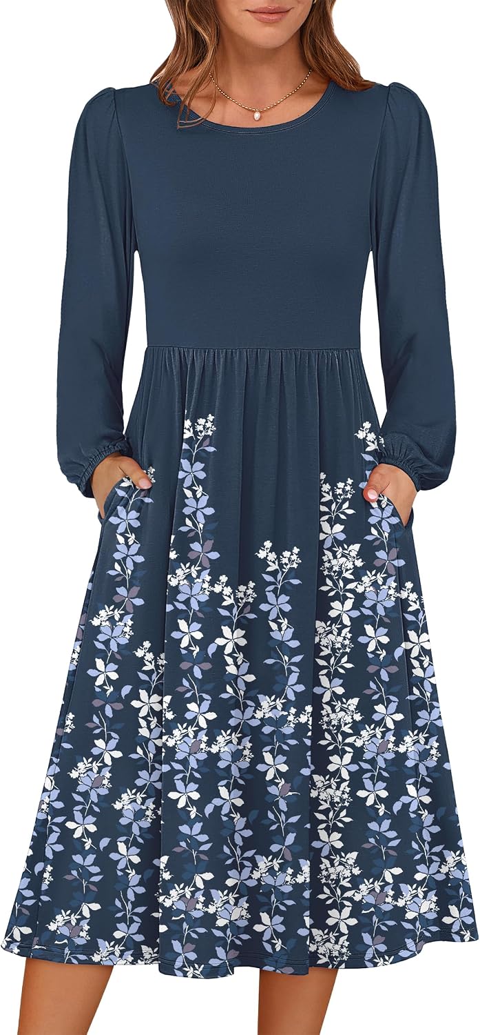 ANRABESS Women Long Sleeve Casual Fall Midi Dress Lightweight with Pockets | Crewneck Flowy A-Line Long Dresses, Comfy Soft, Church Floral Vacation Outfits, Fashion Transition, Winter Layering Clothes