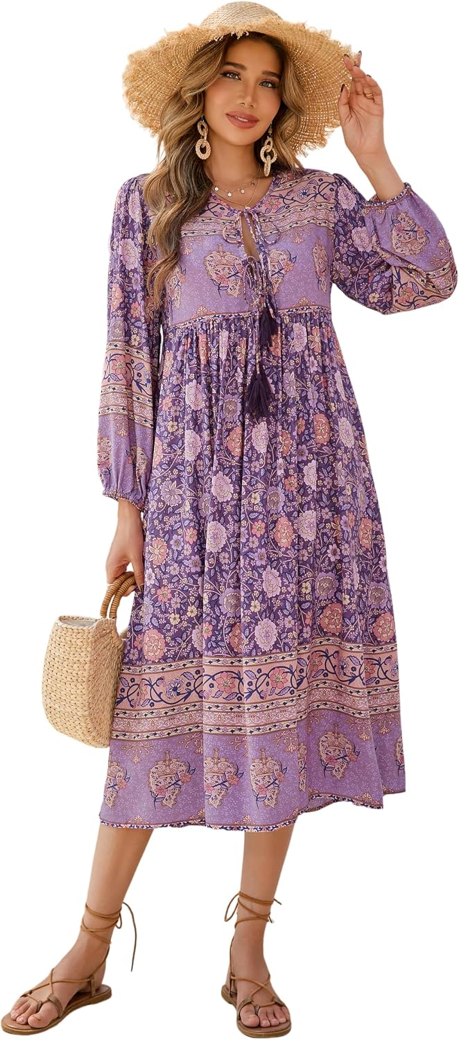 R.Vivimos Women's Long Sleeve Casual Boho Floral Midi Dresses | Retro V Neck, Tassel Tie, Beach Vacation Outfits, Resort Wear