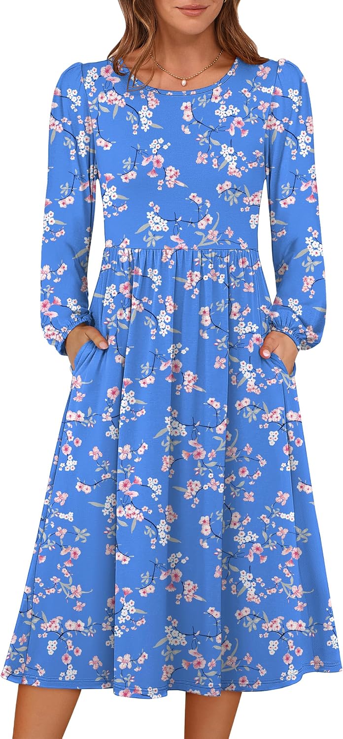 ANRABESS Women Long Sleeve Casual Fall Midi Dress Lightweight with Pockets | Crewneck Flowy A-Line Long Dresses, Comfy Soft, Church Floral Vacation Outfits, Fashion Transition, Winter Layering Clothes