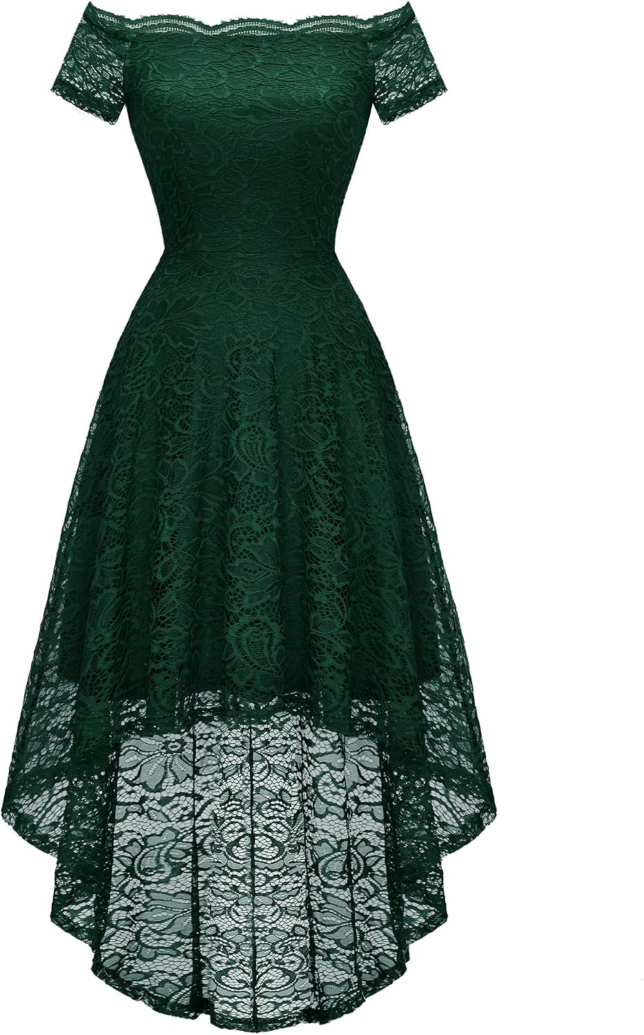 Dressystar Women's Lace Off Shoulder Cocktail Formal Wedding Guest Dress | Hi Lo Bridesmaid Wedding Dresses,Short Sleeve Party Swing Dress, A Line Design,Convertible Neckline,Soft Lace Long Dress