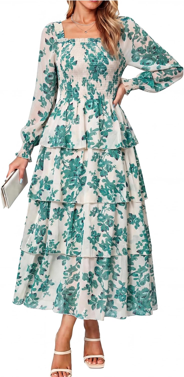 Simplee Womens Square Neck Long Sleeve Maxi Floral Fall Wedding Guest Dress | Flowy Tiered, Smocked, Bohemian, Western, Semi Formal, Spring Fall, Garden Party, Bridesmaid, Bridal Shower Dress