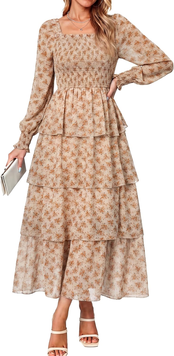 Simplee Womens Square Neck Long Sleeve Maxi Floral Fall Wedding Guest Dress | Flowy Tiered, Smocked, Bohemian, Western, Semi Formal, Spring Fall, Garden Party, Bridesmaid, Bridal Shower Dress