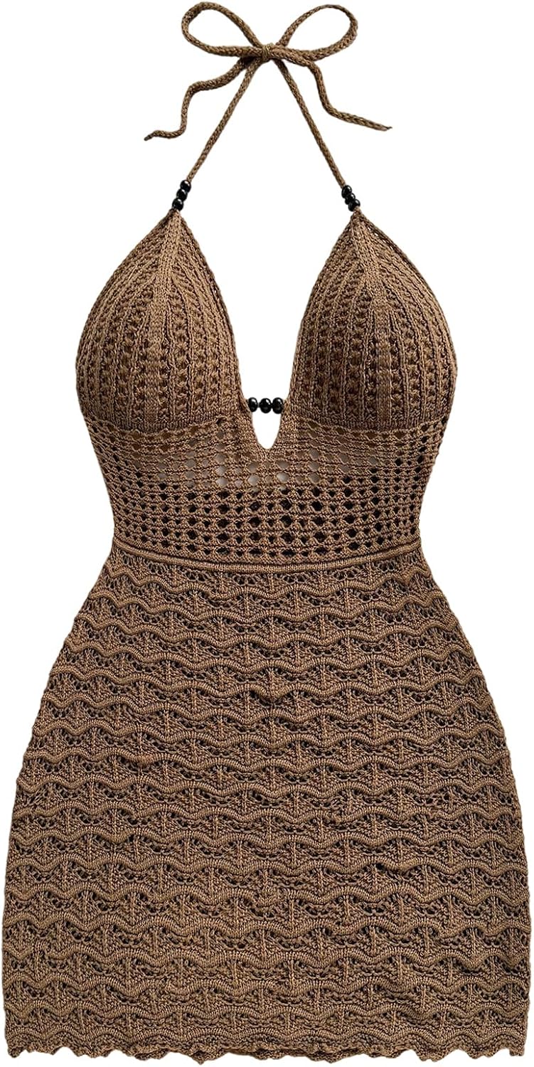 GORGLITTER Women's Crochet Halter Mini Dress Western Cowgirl Sweater Dress | Boho Knit Backless Dresses, 90s Country Concert Party Festival Outfits, Rave Hippie Clothes