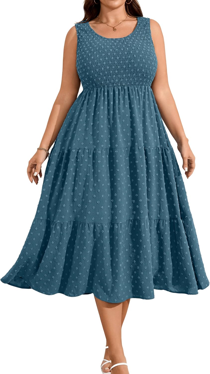 RWJ Plus Size Summer Sleeveless Tank Dress for Women Smocked Midi Sundress | Casual Loose Fit, Tiered Long Dresses, Beach Vacation, Holiday, Wedding Guest, Cocktail Party, Resort, Music Festival, Date