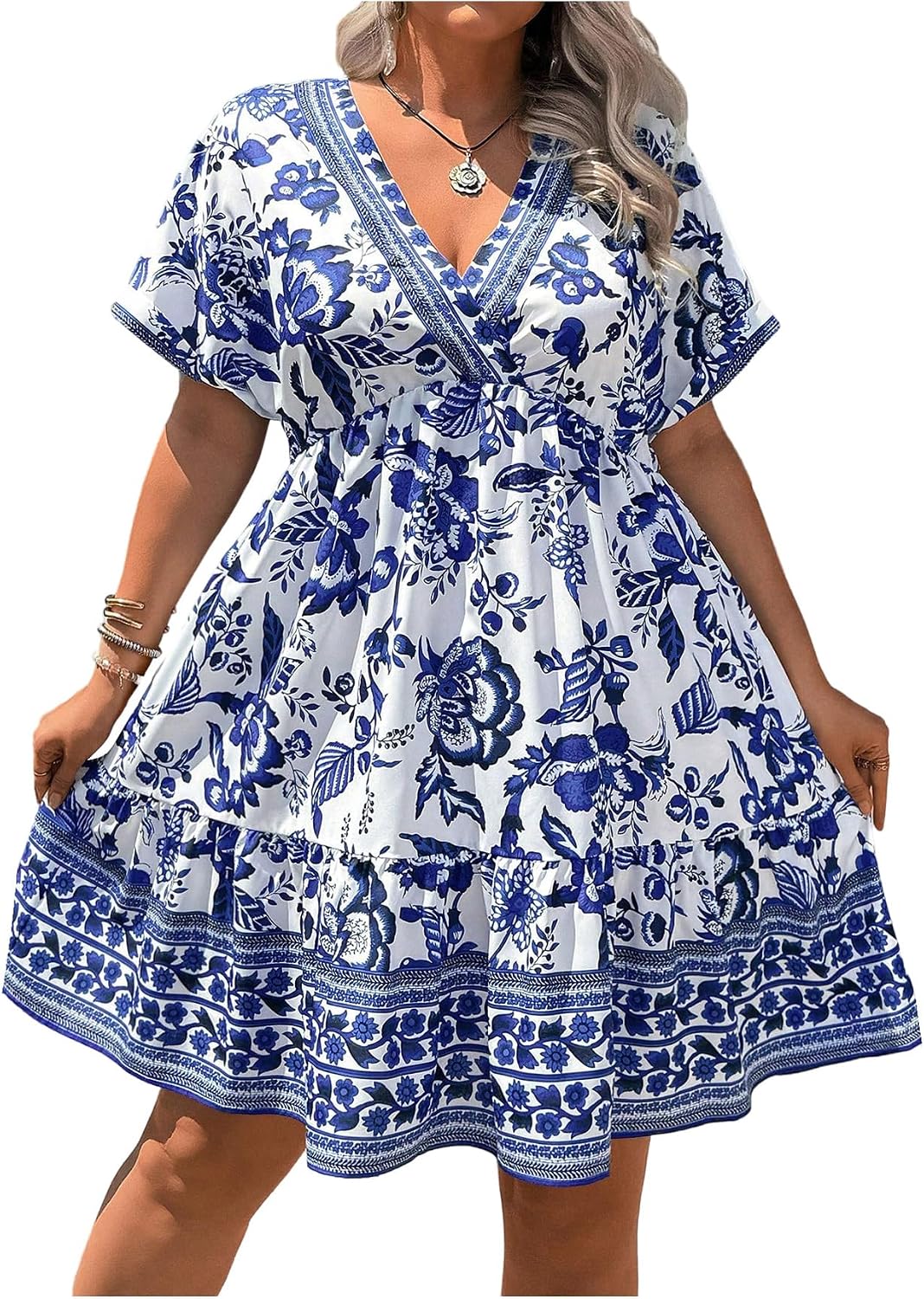 Floerns Women's Plus Size V Neck Short Sleeve Ruffle Hem A Line Short Dress | Surplice Ruffle Hem, A Line, V Neck, Short Sleeve, Boho Hawaiian Short Dress