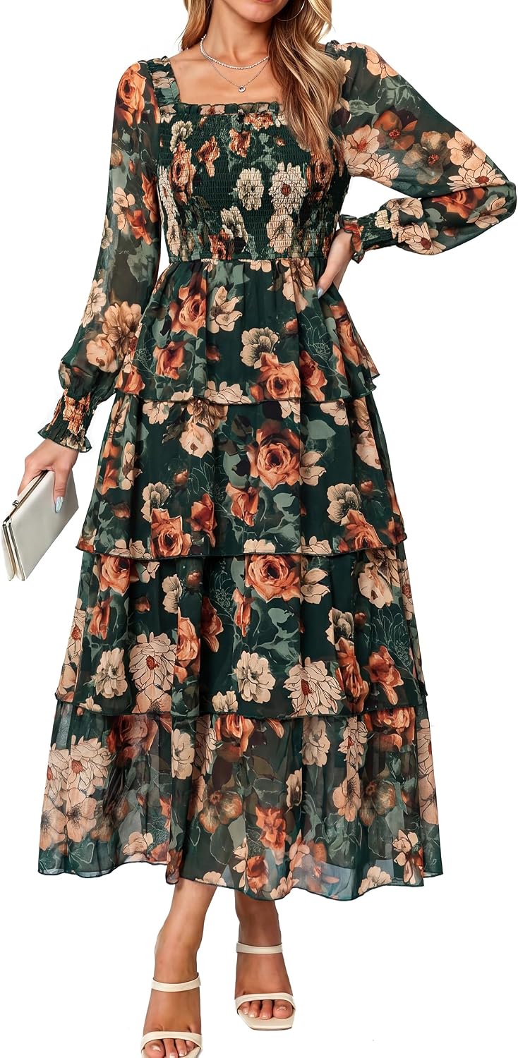 Simplee Womens Square Neck Long Sleeve Maxi Floral Fall Wedding Guest Dress | Flowy Tiered, Smocked, Bohemian, Western, Semi Formal, Spring Fall, Garden Party, Bridesmaid, Bridal Shower Dress