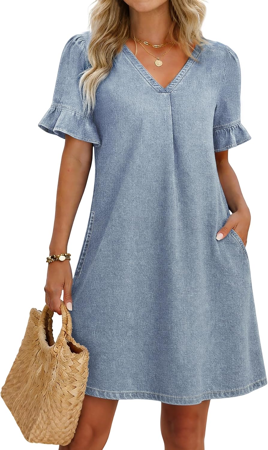 POTILI Women's Denim Dress Ruffle Sleeve Jean Mini Dress with Pockets | V Neck；Puff Short Sleeve;Babydoll；Stretchy；A-Line；Lightweight