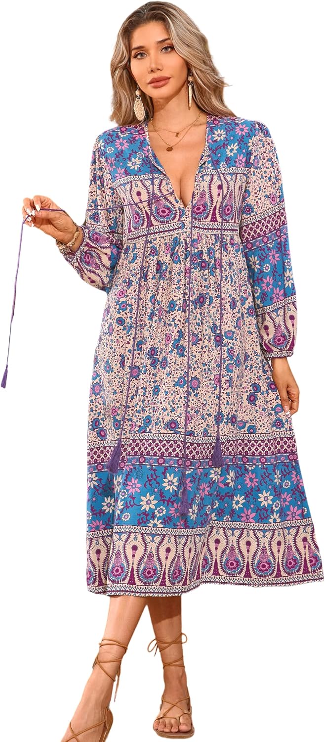 R.Vivimos Women's Long Sleeve Casual Boho Floral Midi Dresses | Retro V Neck, Tassel Tie, Beach Vacation Outfits, Resort Wear