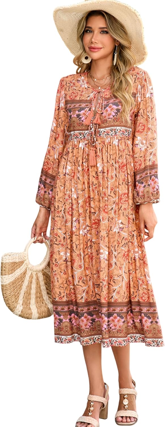 R.Vivimos Women's Long Sleeve Casual Boho Floral Midi Dresses | Retro V Neck, Tassel Tie, Beach Vacation Outfits, Resort Wear