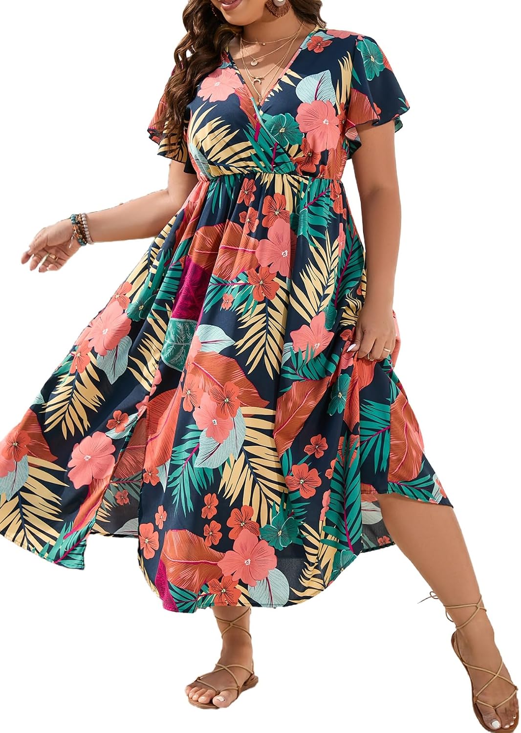 Floerns Women's Plus Size Hawaiian Tropical V Neck Long Dress | V Neck,Boho Hawaiian Tropical,All Over Print,Short Sleeve,Vacation Outfits
