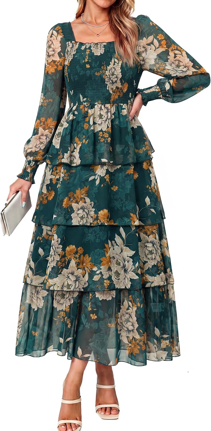 Simplee Womens Square Neck Long Sleeve Maxi Floral Fall Wedding Guest Dress | Flowy Tiered, Smocked, Bohemian, Western, Semi Formal, Spring Fall, Garden Party, Bridesmaid, Bridal Shower Dress