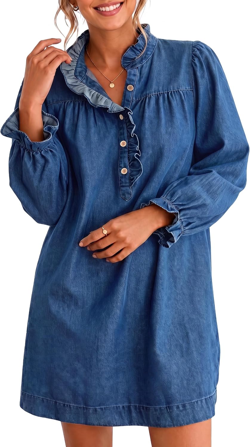 Flowyair Womens Long Sleeve Denim Dress Half Button Ruffle Mini Dresses | Button Down Jean Dress,Babydoll Short Dress,High Waisted Tunnic,Trendy Casual,Vintage,Daily Wear