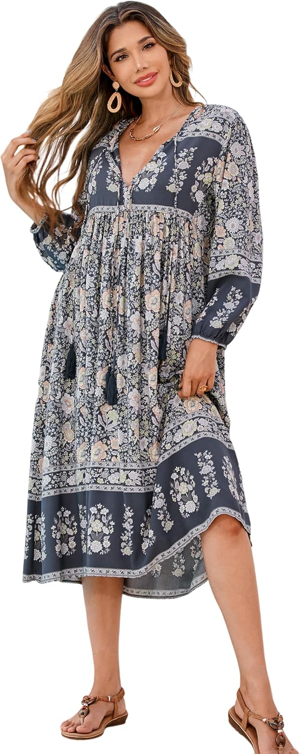 R.Vivimos Women's Long Sleeve Casual Boho Floral Midi Dresses | Retro V Neck, Tassel Tie, Beach Vacation Outfits, Resort Wear