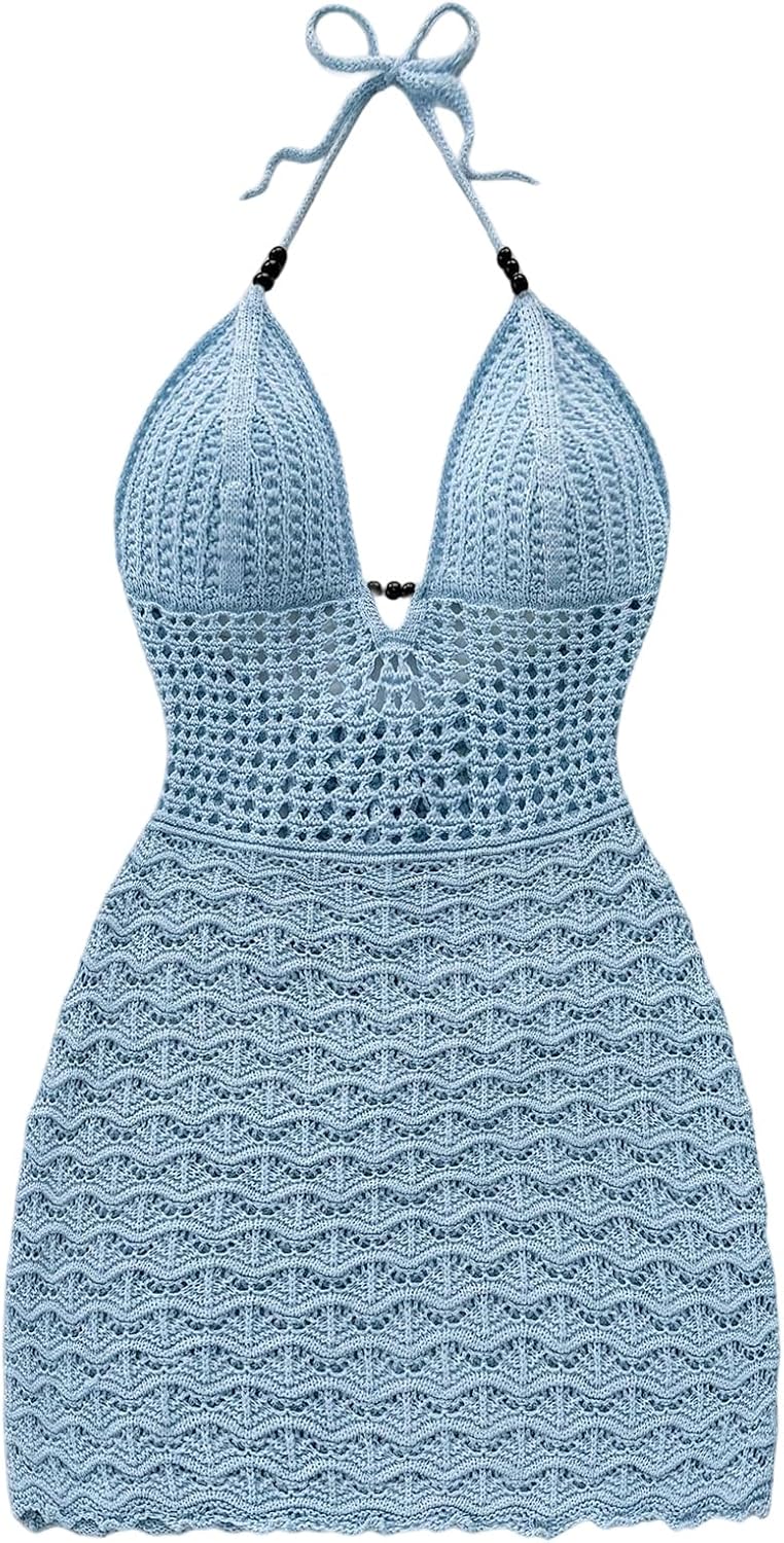 GORGLITTER Women's Crochet Halter Mini Dress Western Cowgirl Sweater Dress | Boho Knit Backless Dresses, 90s Country Concert Party Festival Outfits, Rave Hippie Clothes