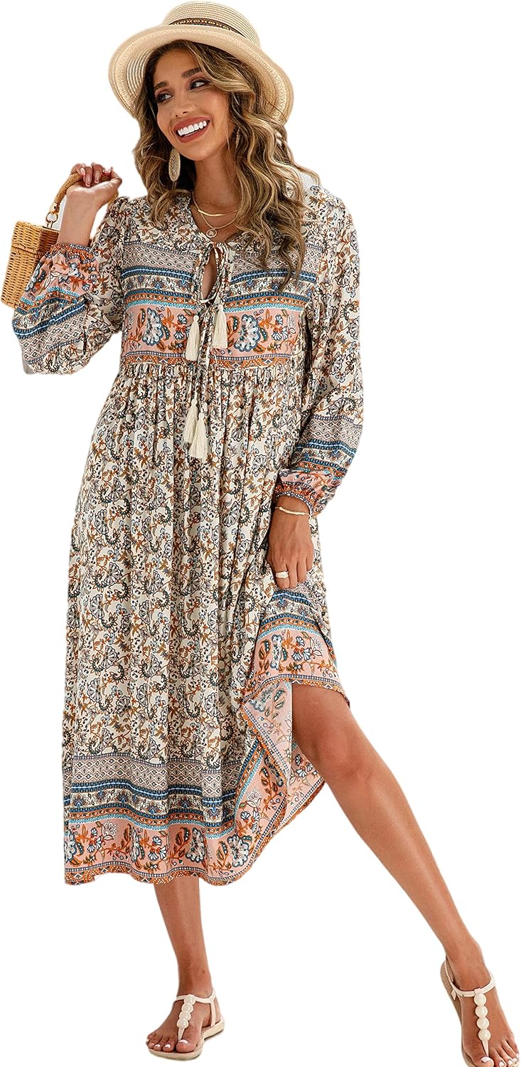 R.Vivimos Women's Long Sleeve Casual Boho Floral Midi Dresses | Retro V Neck, Tassel Tie, Beach Vacation Outfits, Resort Wear