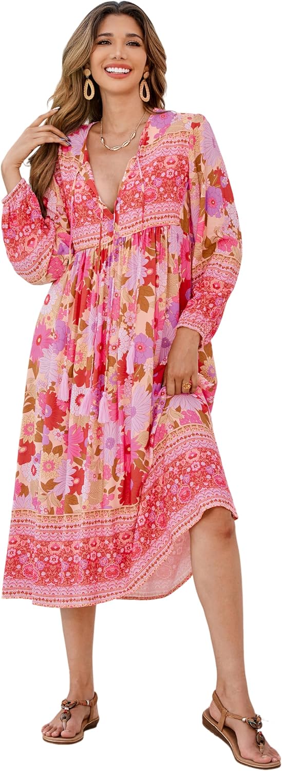 R.Vivimos Women's Long Sleeve Casual Boho Floral Midi Dresses | Retro V Neck, Tassel Tie, Beach Vacation Outfits, Resort Wear