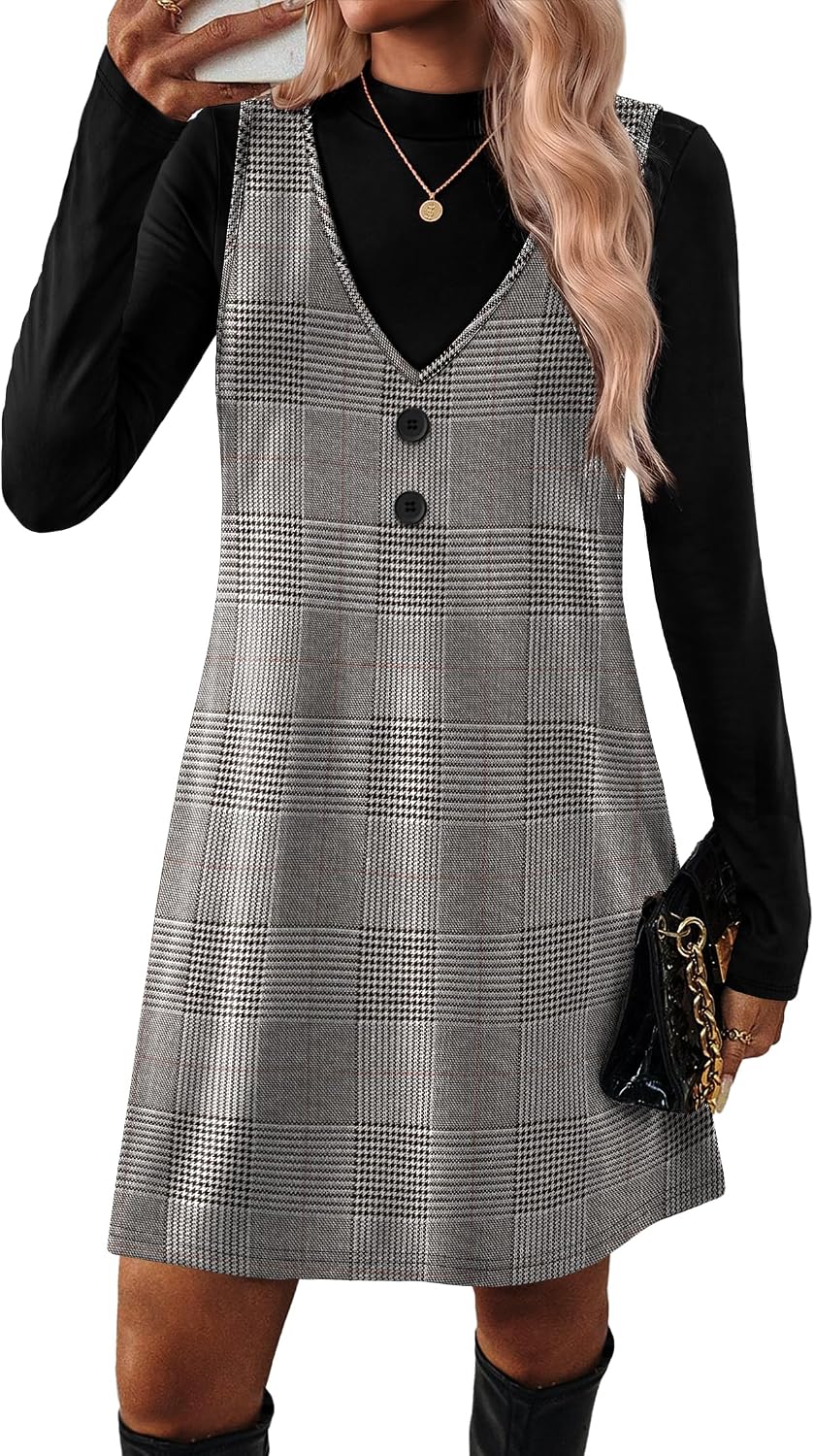 OFEEFAN Fall Dresses for Women 2 Piece Sets Long Sleeve Overall Dress with Pockets Abvoe Knee Fashion Winter Clothing