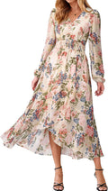 Simplee Women's Floral Boho Long Sleeve Maxi Fall Wedding Guest Dress 2026 | Flowy V Neck Empire Waist A-Line , Swing Faux Wrap Ruffle High Low Hem, Casual Vacation, Date Night, Garden Tea Party Dresses