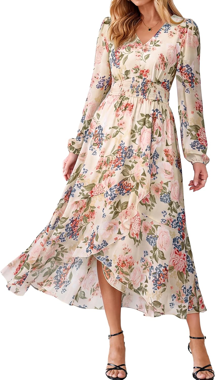 Simplee Women's Floral Boho Long Sleeve Maxi Fall Wedding Guest Dress 2026 | Flowy V Neck Empire Waist A-Line , Swing Faux Wrap Ruffle High Low Hem, Casual Vacation, Date Night, Garden Tea Party Dresses